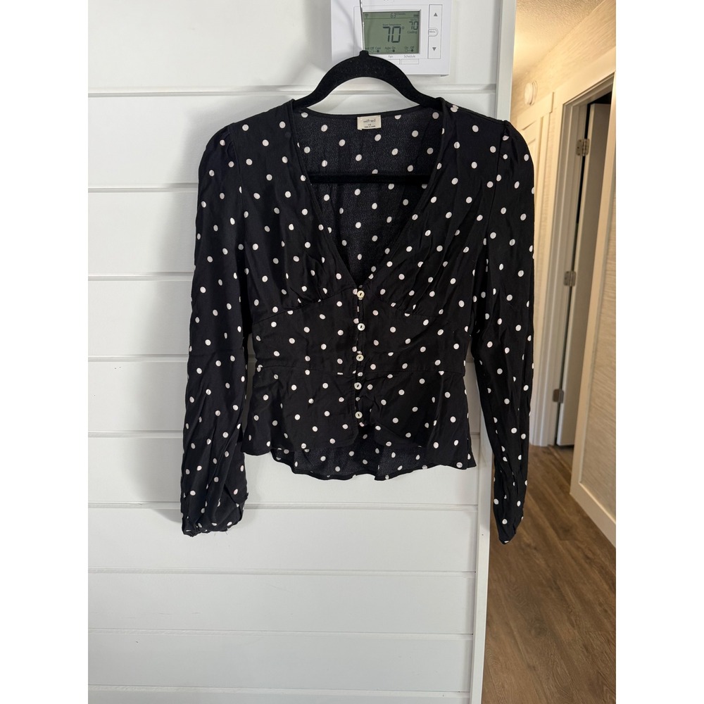 Aritzia Wilfred Black White Polka Dot Prairie Blouse XS V-Neck Bishop Sleeve - Picture 3 of 7